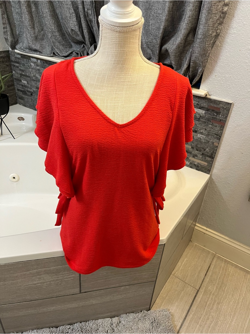 Ivanka Trump Red V-Neck Side Tie Ruffle Sleeve Tunic women’s XS